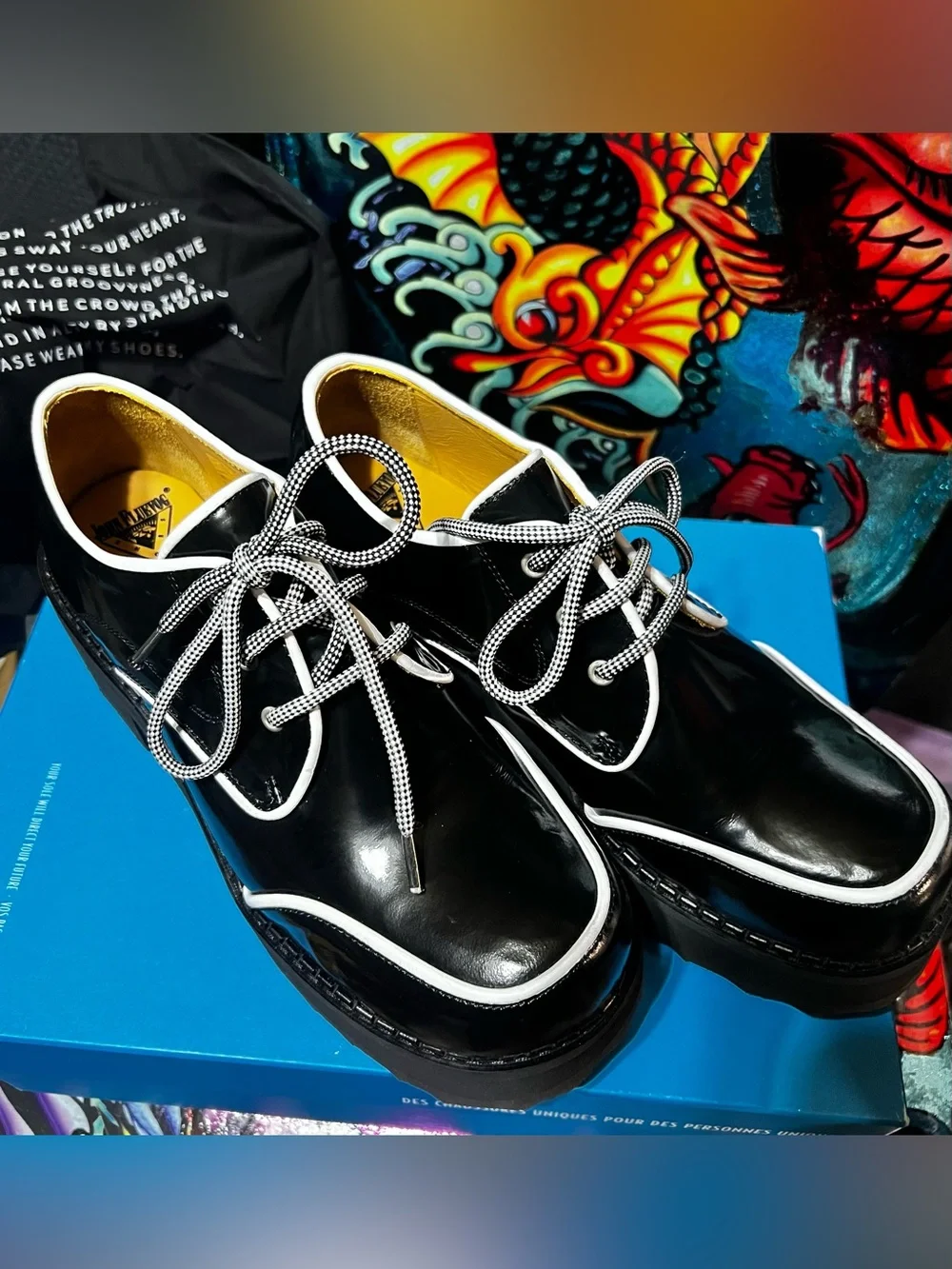 NIB John Fluevog YRSA Black/White Gloss Leather Platform Shoe Women’s 9.5 fits 9